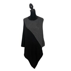 Celeste Wool Cashmere Blend Asymmetrical Colorblock Poncho Sweater Black Gray